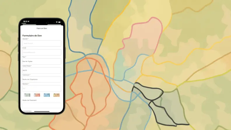 Interface mobile de FireCal affichant le formulaire de don, avec un découpage des secteurs de calendrier en arrière-plan.
